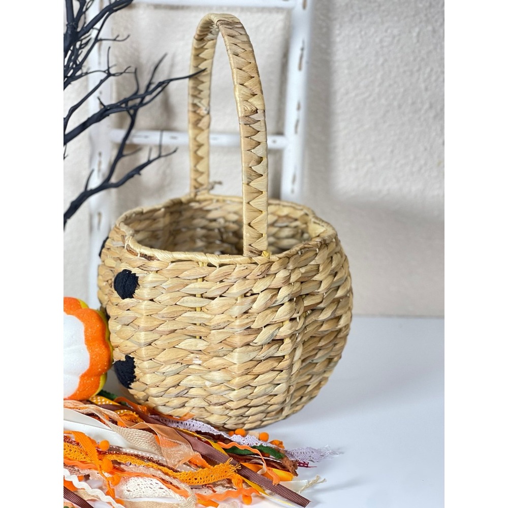 Woven Medium Halloween Pumpkin Basket with Black Accents - Picture 2 of 6